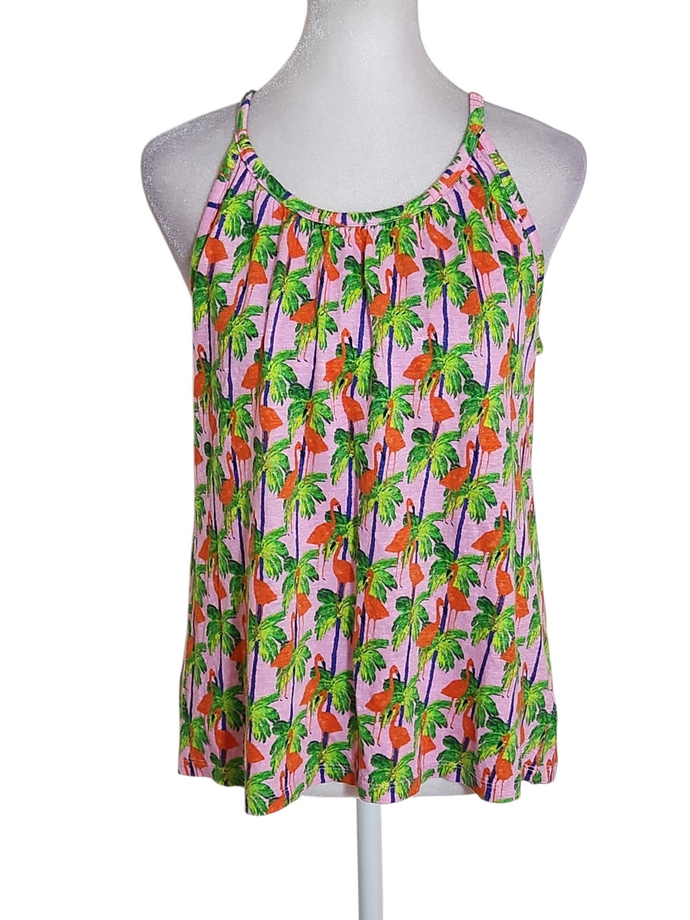 Bouffants & Broken Hearts Pink Flamingo Palm Print Linen Tank Top Size Medium